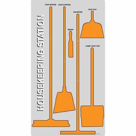 5S SUPPLIES 5S Housekeeping Shadow Board Broom Station Version 3 - Gray Board / Orange Shadows  With Broom HSB-V3-GRAY/ORANGE-KIT